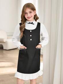 SHEIN 2pcs/Set Pre-Teen Girls Mandarin Collar Solid Color Long Sleeve Top And Sleeveless Ruffle Hem Dress Suit With Mini Bag, Summer - Black - View 3
