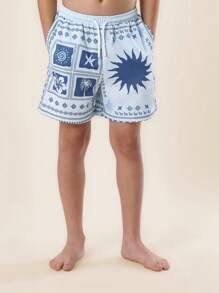 Pantalones cortos de playa de verano SUMWON, pantalones cortos de natación y surf con estampado de palmeras y sol para uso casual y vacaciones - Blanco - Ver 1