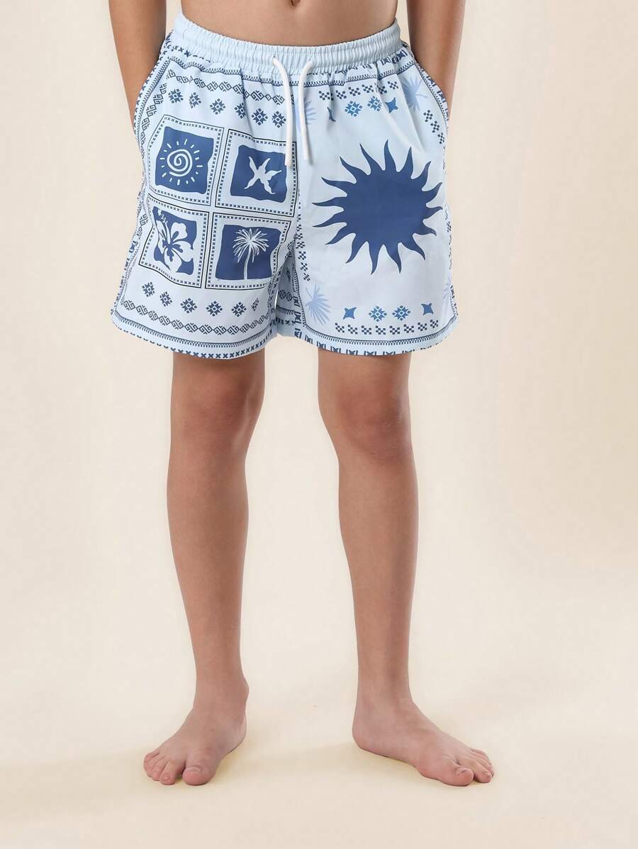 Pantalones cortos de playa de verano SUMWON, pantalones cortos de natación y surf con estampado de palmeras y sol para uso casual y vacaciones - Blanco - Ver 1