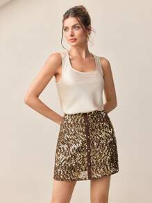 BizChic Women's Brown And Gold Embellished Skirt,Elegant Autumn Cocktail Party Skirt,Night Out Wedding Guest Business Casual Everyday Wear,90s Vintage Skirt - Yellow - View 2