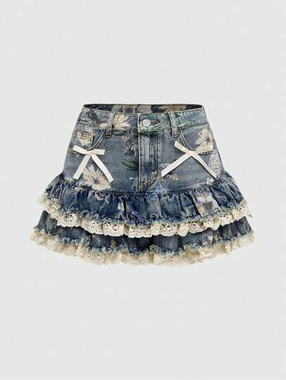 Fairycore Plus Size Retro Floral Print Vintage Wash Knee Length Skirt For Women