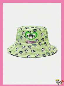 THE POWERPUFF GIRLS X SHEIN Green Fuzzy Policewoman Digital Print Bucket Hat - Green - View 1