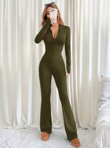 SHEIN EZwear Bộ 2 món/Bộ đồ nữ áo dài tay màu xanh quân đội thường ngày và quần ống loe - xanh quân đội - Xem 4