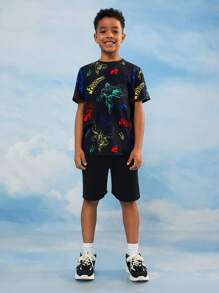 SUPERMAN X SHEIN Tween Boy 霓虹彩色超级英雄印花黑色休闲酷炫落肩短袖 T 恤