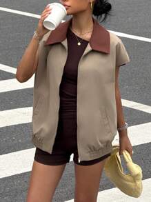 Muchica Áo khoác mỏng không tay dệt vải kaki dành cho nữ mùa thu/đông - Màu Khaki - Xem 3