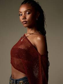 MISSGUIDED Crochet Fishnet Top Festival Boho Bohemian Knit Long Sleeve Cover Up Shoulder Summer Net Beach Mesh