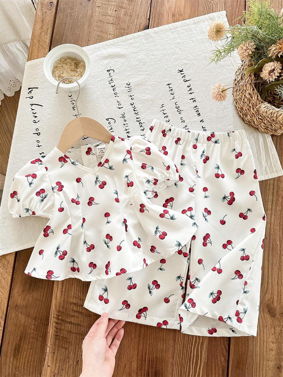 SHEIN LMoss Kids Babygirl 花卉印花短袖上衣和松紧腰裤两件套服装,夏季 - 彩色 - 查看 1