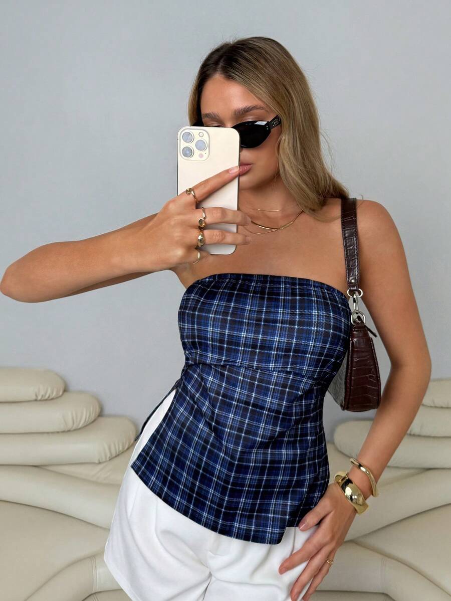 Roylia Women's Summer Casual Plaid Side-Split Camisole Top - Multicolor - View 1