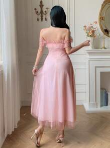 DAZY 女士优雅亮片装饰荷叶边下摆中长连衣裙 - 粉色 - 查看 2