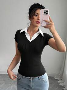 Selianne Rafferiza 女士休闲通勤优雅商务休闲度假舒适成熟优雅性感 V 领蓝色拼接二合一面料高弹修身春夏学院风老钱风格深蓝色 Anouk Yve 短袖 T 恤 - 黑色 - 查看 6