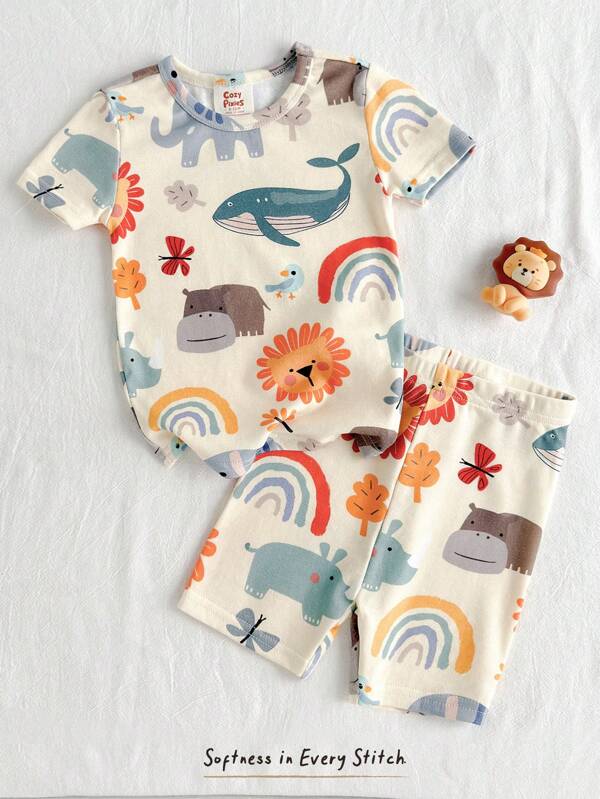 Cozy Pixies Baby Boy Snug Fit Pyjamaset, Plant & Floral Grafisch Gebreid Zacht Topje met Ronde Hals en Korte Mouwen en Elastische Taille Shorts
