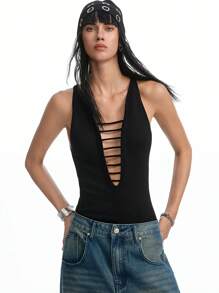 LYSMO Women's Sexy Black Hollow Line Backless Camisole Summer Top, Y2K Nightclub Party And BOHO Chic - Black - View 1