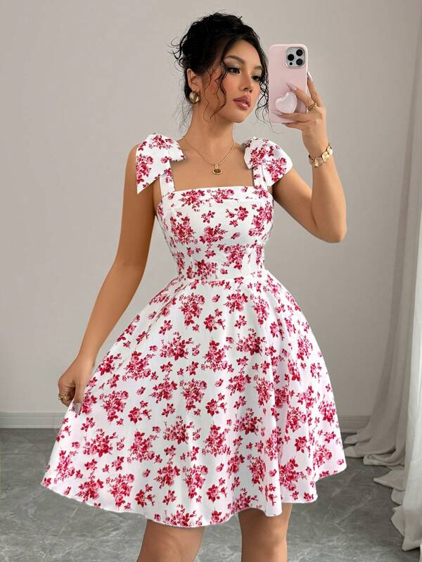Elenzga New Ditsy Floral Tie Shoulder Bowknot Waist A-Line Casual Elegant Vacation Mini Dress For Women