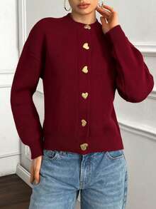 EURMUSE Women Heart Shape Button Burgundy Cardigan For Winter Red Cardigan Cardigan Sweater Red Sweater Heart Button Cardigan Gold Button Cardigan,Long Cardigans Woman,Petite Cardigans,Cardigans - Burgundy - View 7