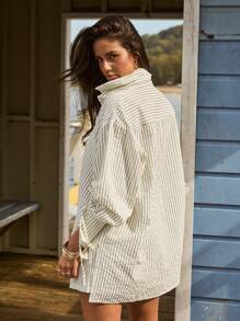 Aralina Women's Autumn/Winter Casual Textured Striped Oversized Button Up Drawstring Long Sleeve Shirt - Apricot - View 12