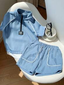 Set de 2 piezas para niño pequeño: Chaqueta casual azul de manga corta y cuello alto, y pantalones cortos. Apto para vestuario de niños, ropa de niño, de vuelta al colegio, conjuntos para niños, adecuado para fiestas de cumpleaños, fiestas de noche, actuaciones, bodas, ceremonias de apertura, uso diario, colegio, viajes, deportes