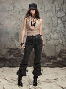 ROMWE Grunge Punk Y2K Vintage Apocalyptic Backless Halter Crop Tank Top - Apricot - View 6