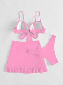 SHEIN Swim 女式三件套比基尼套装带罩裙，无肩带纯色性感泳衣带钢圈支撑，夏季海滩 - 粉色 - 查看 2