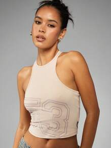 Missguided x Playboy 复古工字背心短款夏季数字图案修身舞蹈节街头服饰美学 Y2K 吊带背心 - 卡其色 - 查看 4