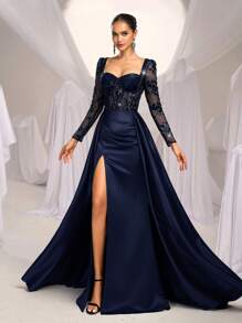 Glamrae Elegant Luxury Sequins Sequins Patchwork Satin Sweetheart Neck Long Sleeve Skin-Tight Fish Tail High Slit Maxi Evening Gown With Large Flare Panels - Navy Blue - View 4
