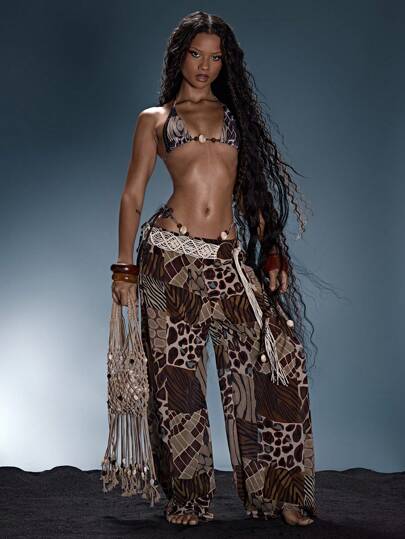 Musera Resort Low Rise Relaxed Beaded Tie Trousers Summer Sexy Festival Holiday Ibiza Rave Boho Beach Cover Up Animal Print Vacation Escapade Birthday  Party