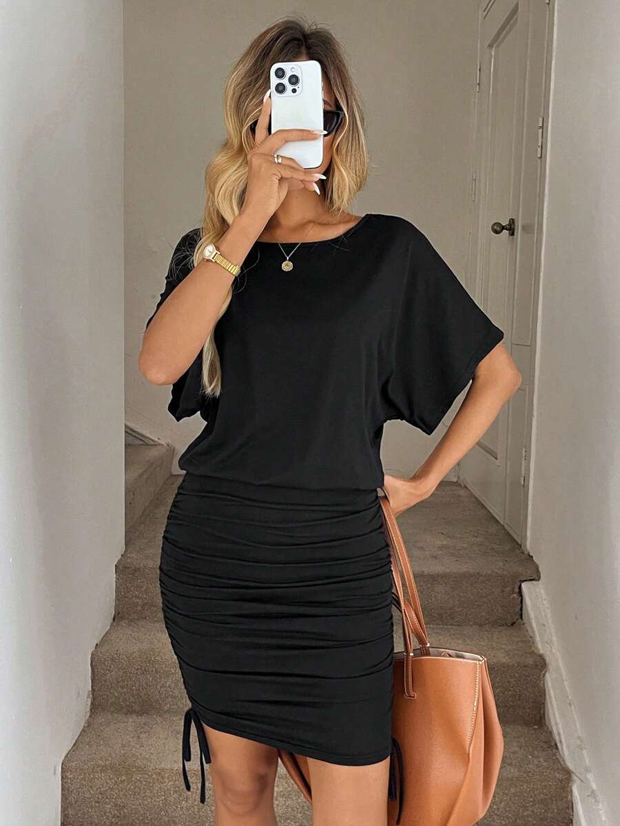 Easowa Solid Drawstring Side Batwing Sleeve Ruched Dress - Black - View 1
