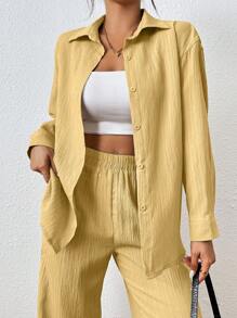 SHEIN PETITE 2 件套女式纯色长袖单排扣衬衫和裤子，休闲西装套装 - 黃色 - 查看 6