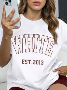 SHEIN EZwear Women's Casual Letter Print Short Sleeve T-Shirt, Summer - White - View 3