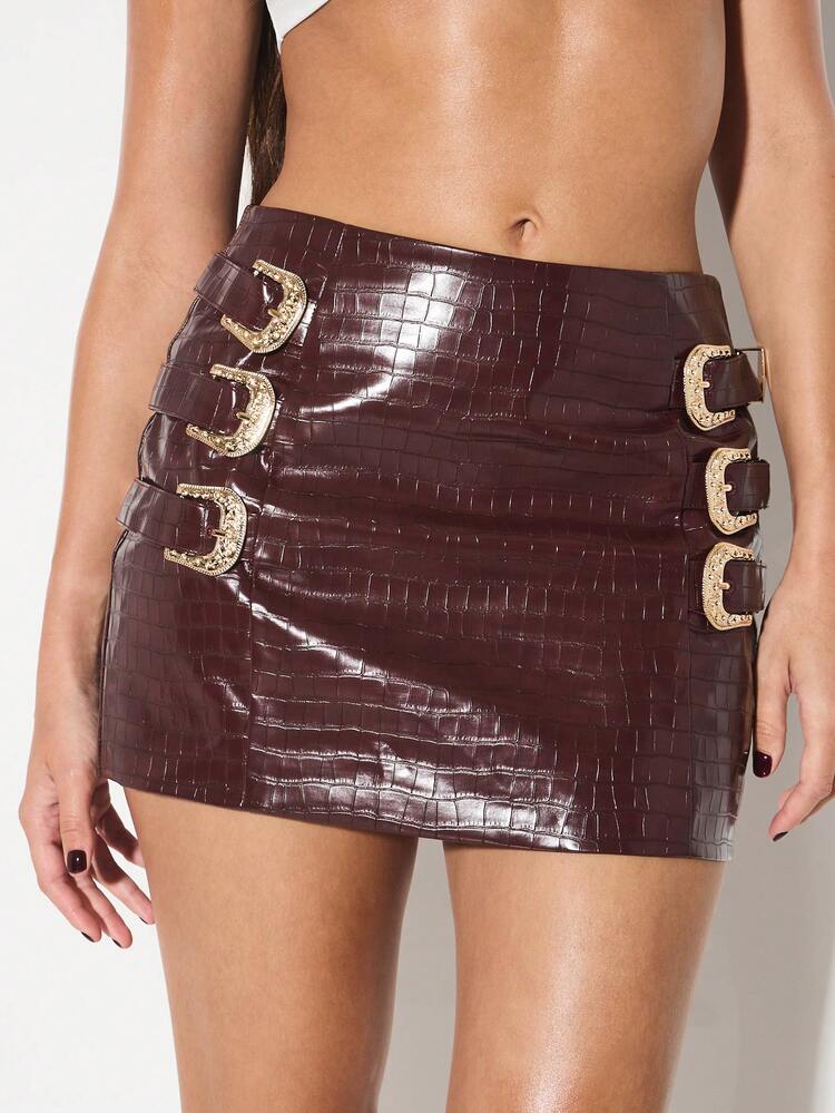 KIZN Patent Mini Skirt With Decorative Buckle Details