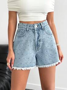 SHEIN SHORT DE MEZCLILLA DE TALLE ALTO CASUAL AZUL CON PIEDRAS