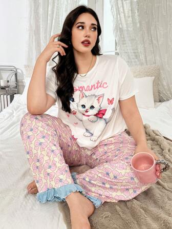 SHEIN Plus Size Women's Casual Knitted Cartoon Animal Print Round Neck Short Sleeve Top & Long Pant Pajama Set, Suitable For All Seasons