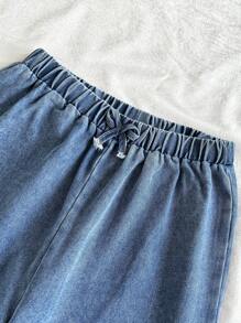 SHEIN Vintaside Kids 青少年女孩休闲圆领无袖水洗牛仔背心搭配时尚牛仔裤套装，夏季 - 藍色 - 查看 7