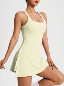 CourtClass Women Square Neck Ruched Sleeveless Sports Dress - Yellow - View 4