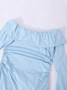 Elegant Ruffle Off-Shoulder Mermaid Hem Long Sleeve Dress For Teenage Girls - Blue - View 3