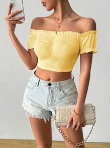 Chiquease Women's Plain Color Sexy Off Shoulder Texture Versatile Cropped T-Shirt - Yellow - View 4