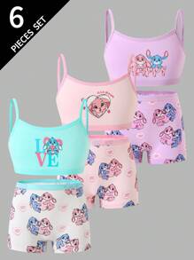 6pcs/Set Young Girl Cute Mischievous Bunny Print Organic Cotton Camisole And Briefs Underwear Set Girls Underwear Set  Backto SchoolFashion Fall Winter