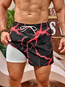 Surfspeed Men's Lightning Print Drawstring Waist Beach Shorts - Black - View 1
