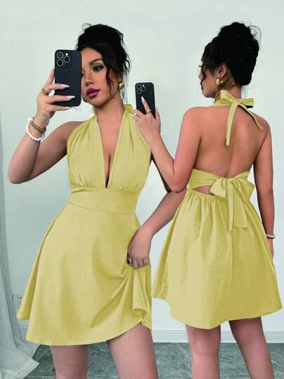 Elenzga 女式纯色深 V 性感露背吊带连衣裙