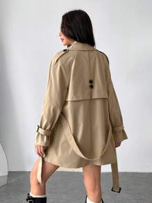 SHEIN EZwear 女式秋季新款纯色休闲长袖卡其色经典风衣 - 卡其色 - 查看 2