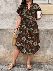 SHEIN LUNE 大码度假休闲碎花迷你锁眼连衣裙女士夏季服装度假服装女士夏季连衣裙女士夏季服装 - 彩色 - 查看 1