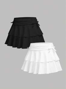 SHEIN Girlism 2件/組 青少年女孩休閒內搭褲 & 短裙，黑 & 白 - 彩色 - 查看 3