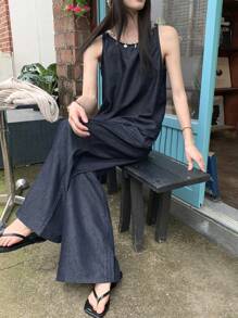 DAZY Women's Summer Bohemian Sequined Patchwork Sleeveless Top And Loose Casual Wide Leg Pants 2 Pieces Suit, Vacation Style