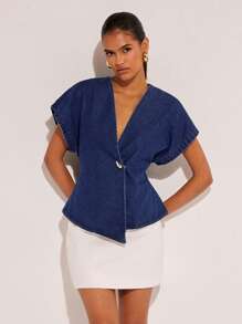 COSMINA 女式夏季单排扣蝙蝠袖时尚牛仔衬衫 - 藏蓝色 - 查看 4