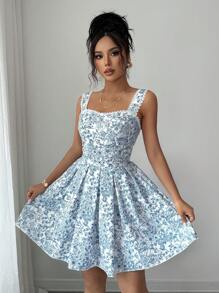 Selianne Váy dễ thương mùa hè họa tiết hoa cổ trái tim gà màu trơn, chắp vá, nhún bèo ở eo theo phong cách Ý - Màu xanh lam - Xem 6