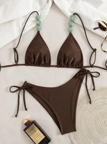 Swim Chiccia Women's Summer Beach Music Festival Brown Shiny Beaded Spaghetti Strap Bikini Set - Chocolate Brown - View 3