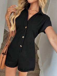 Easowa Mono de manga murciélago con botón delantero sin cinturón - Negro - Ver 5