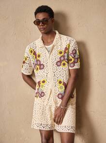 AKNOTIC 2 Stück/Set Herren gestrickte lässige lose Poloshirt mit Kurzarm und gerade geschnittene Short mit Gummibund, geeignet für Sommer, Urlaub, Alltag, Party, Paar-Outfit, Herren Geschenk, Reiseessentials - Aprikosenfarben - Übersicht 5