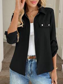 Easowa Multi-Season Casual Women's Zip-Up Shirt With Patch Pockets And Collar, Versatile Everyday Wear,Office Wear Women,Ladies Casual Button,Pocket,Zipper Long Sleeve Collar Regular Fit Regular Black Roll Up Sleeve Shirt Women Blouses,Spring/Fall ,Casual Daily Wear - Black - View 3