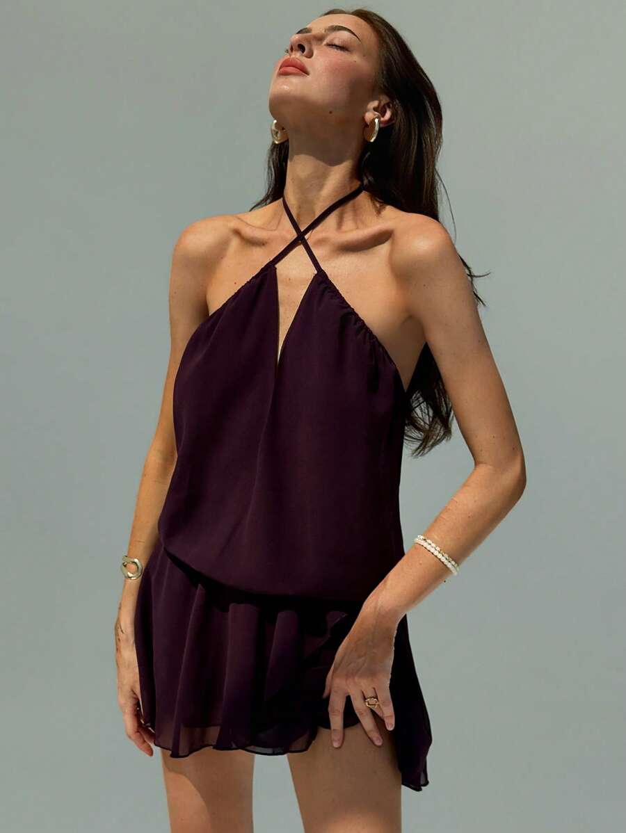 Aloruh 夏季假期交叉带深 V 露背 A 字迷你吊带连衣裙，女士款