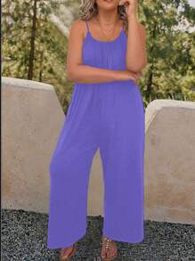 SHEIN LUNE Mono de pierna ancha estilo bohemio para mujer talla grande con tirantes ajustables, sin mangas y de estilo casual de verano - Púrpura malva - Ver 5